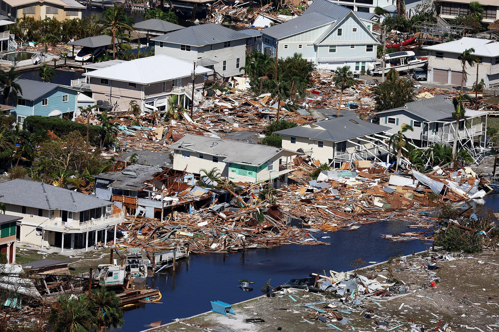 Aerial view of extensive hurricane damage to Florida coastal community